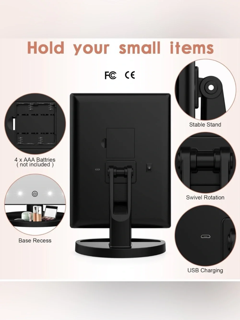 LED Magnifying USB Battery Weily Lighted Tri-Fold Makeup Mirror Adjustable Black